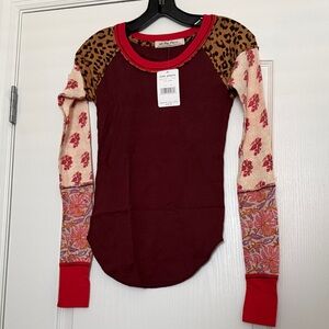 Free People Burgundy and Patterned Long Sleeve Top